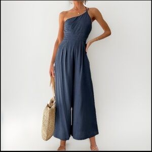 Summery Linen Flowy Single Shoulder Wide Leg Crop Jumpsuit Women's Size Medium